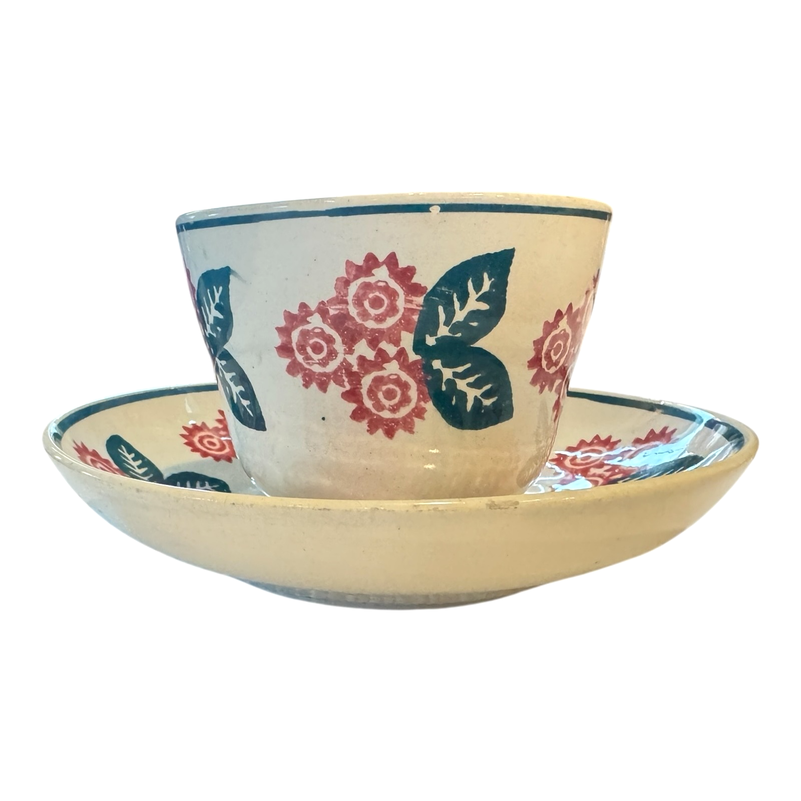 Antique Staffordshire Blue and Red Floral Stick Spatterware Teacup & Saucer