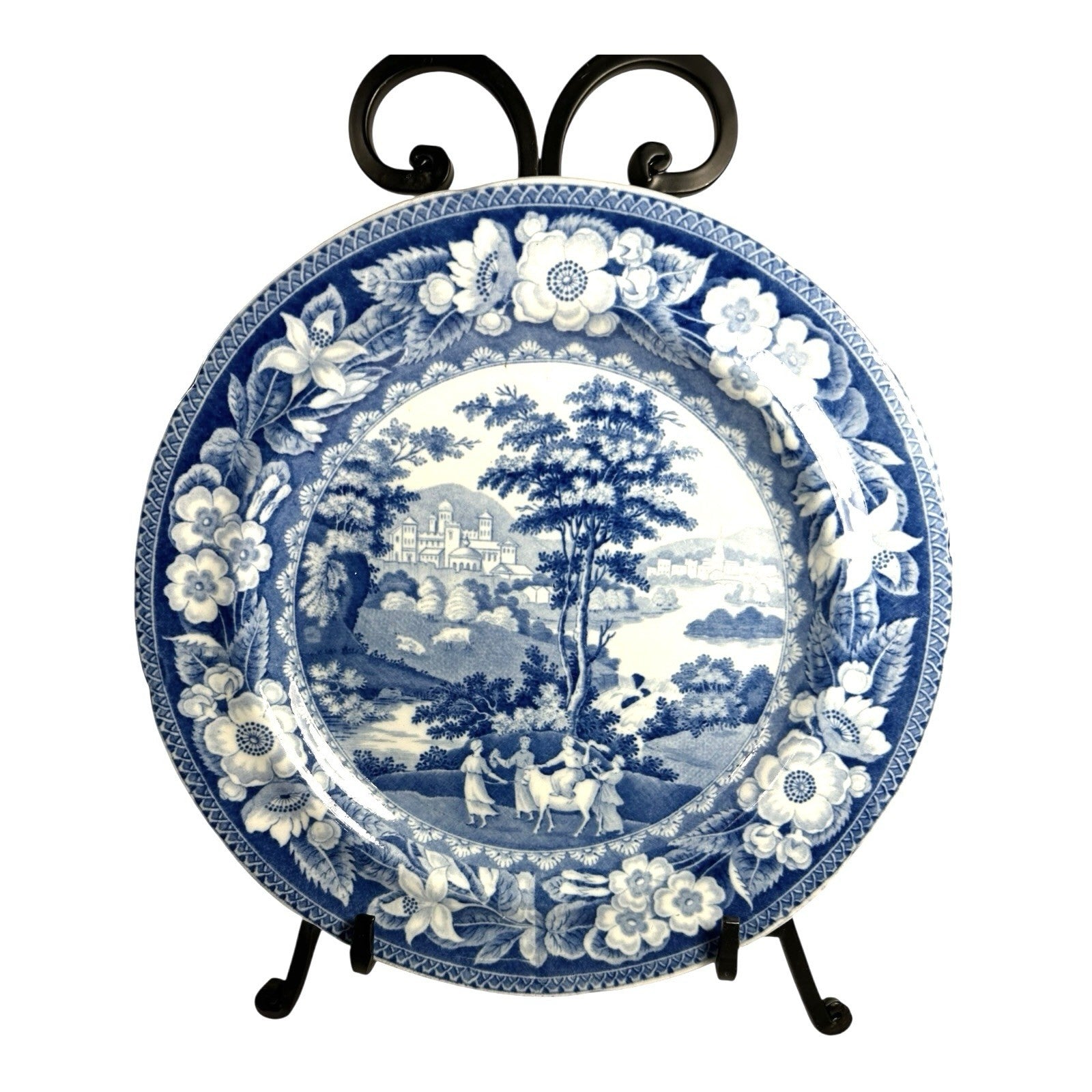 Antique Staffordshire Blue Transferware Riley Plate - Village Ladies