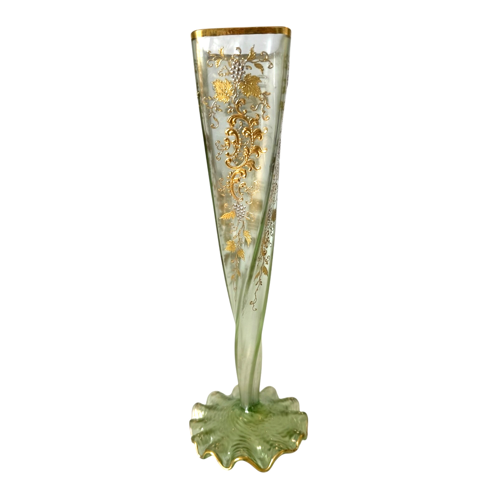 Antique Bohemian Czech Twisted Opalescent Glass Vase - Gilt Enamel Grapes