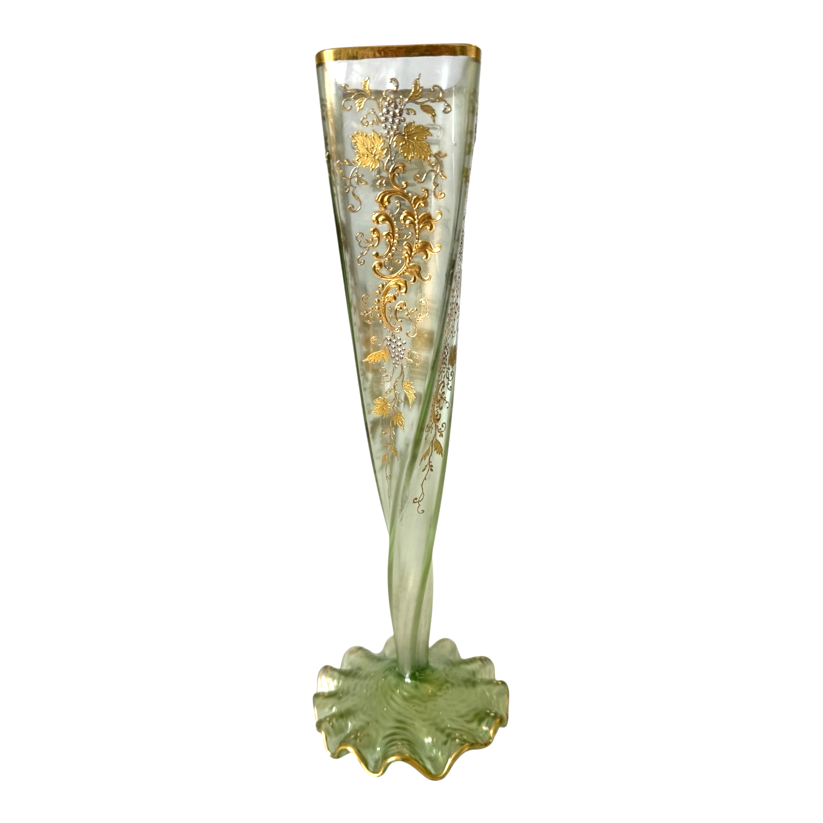 Antique Bohemian Czech Twisted Opalescent Glass Vase - Gilt Enamel Grapes