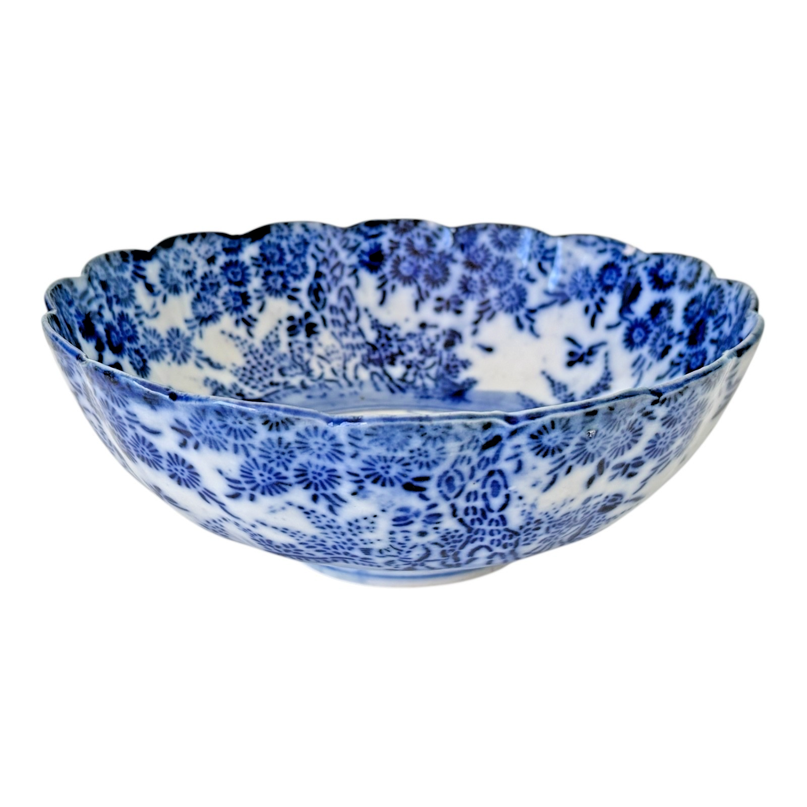 Antique Chinese Blue White Transferware Porcelain Bowl - Scalloped Rim