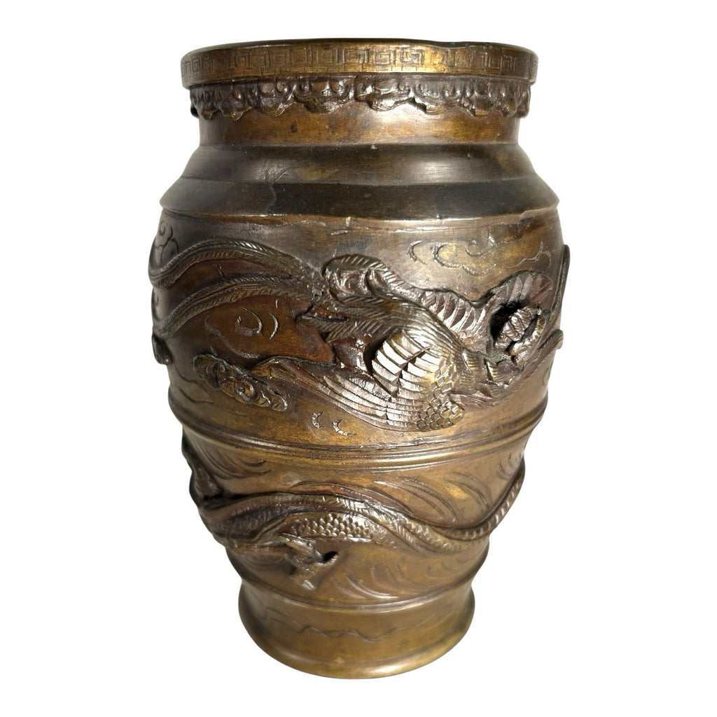 Antique Bronze Meiji Period Banded Vase with High Relief Dragon Theme