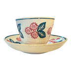 Antique Staffordshire Blue and Red Floral Stick Spatterware Teacup & Saucer