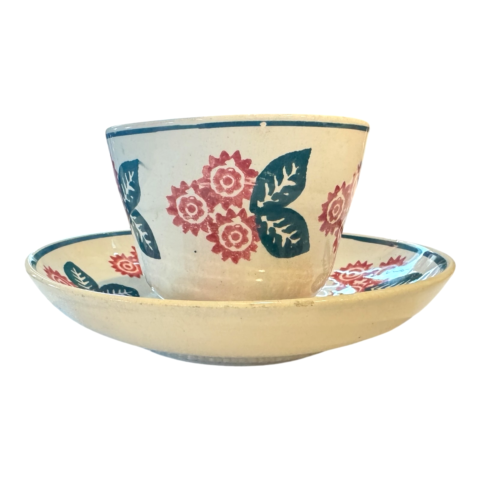 Antique Staffordshire Blue and Red Floral Stick Spatterware Teacup & Saucer