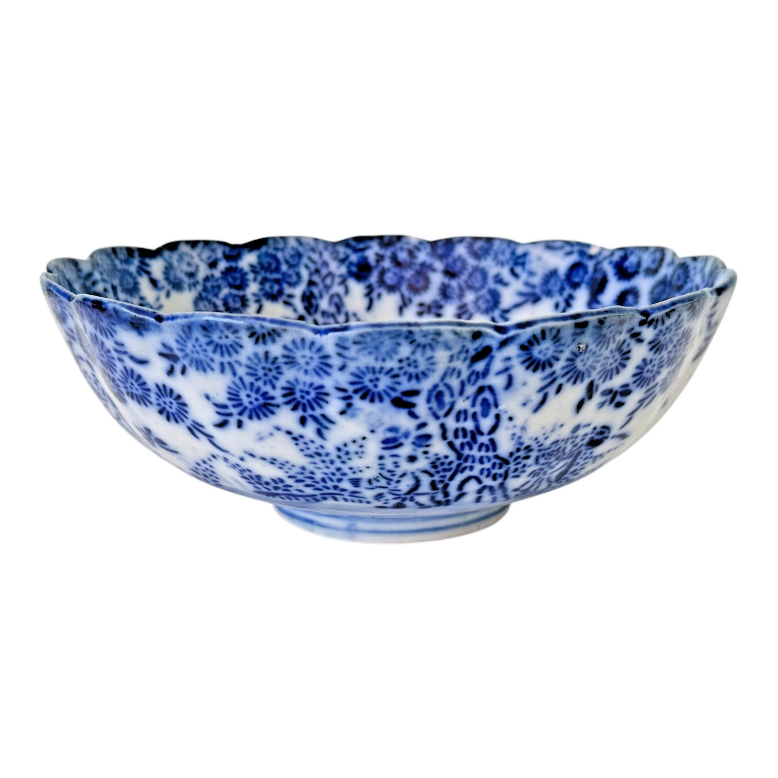 Antique Chinese Blue White Transferware Porcelain Bowl - Scalloped Rim