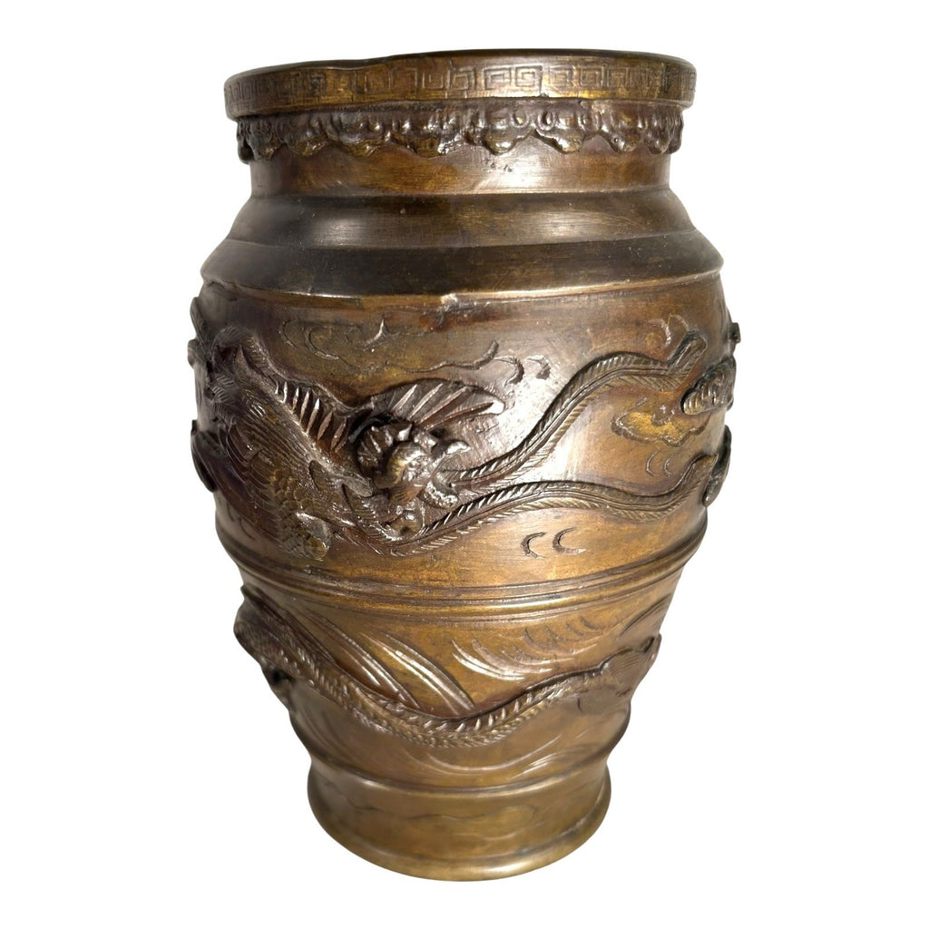 Antique Bronze Meiji Period Banded Vase with High Relief Dragon Theme