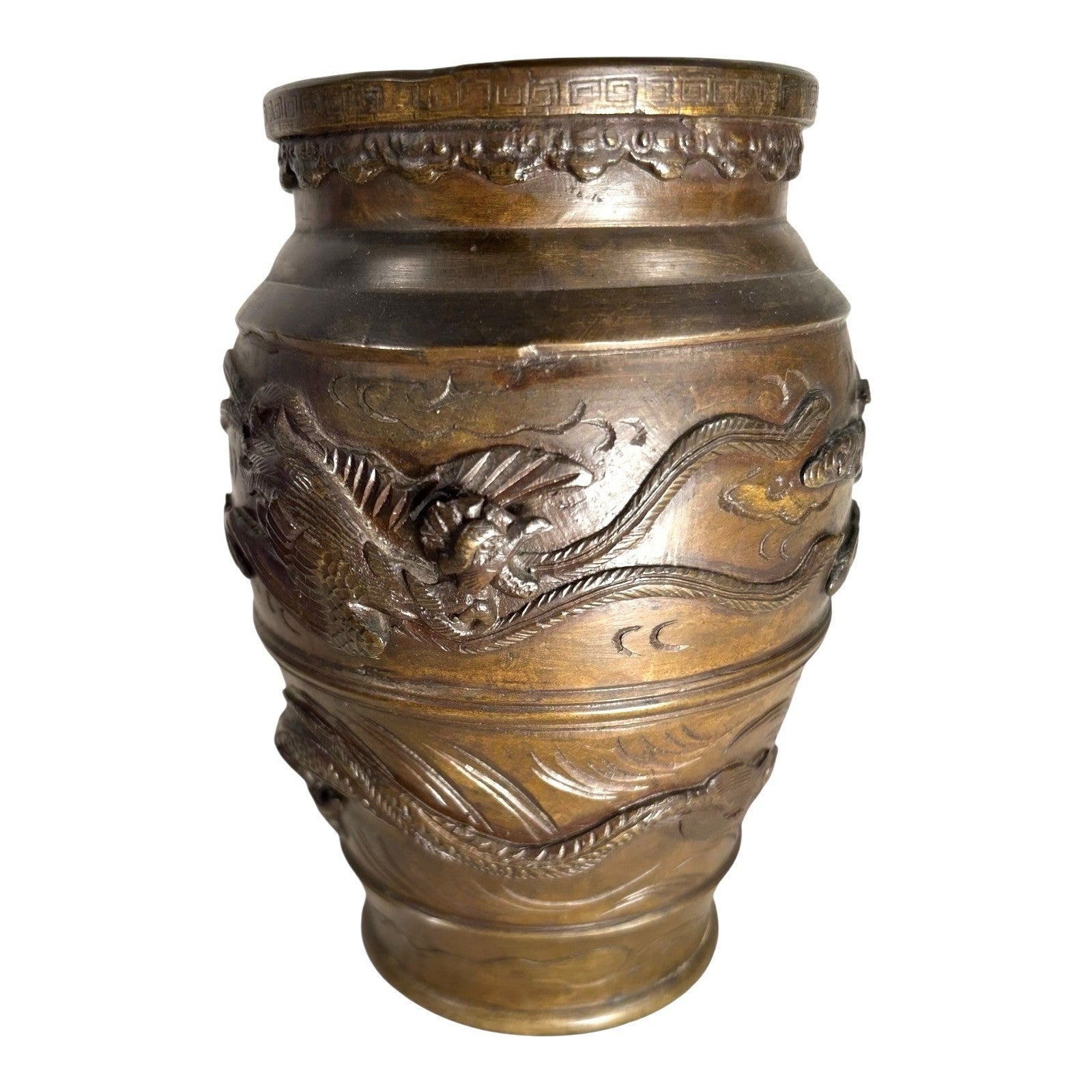 Antique Bronze Meiji Period Banded Vase with High Relief Dragon Theme