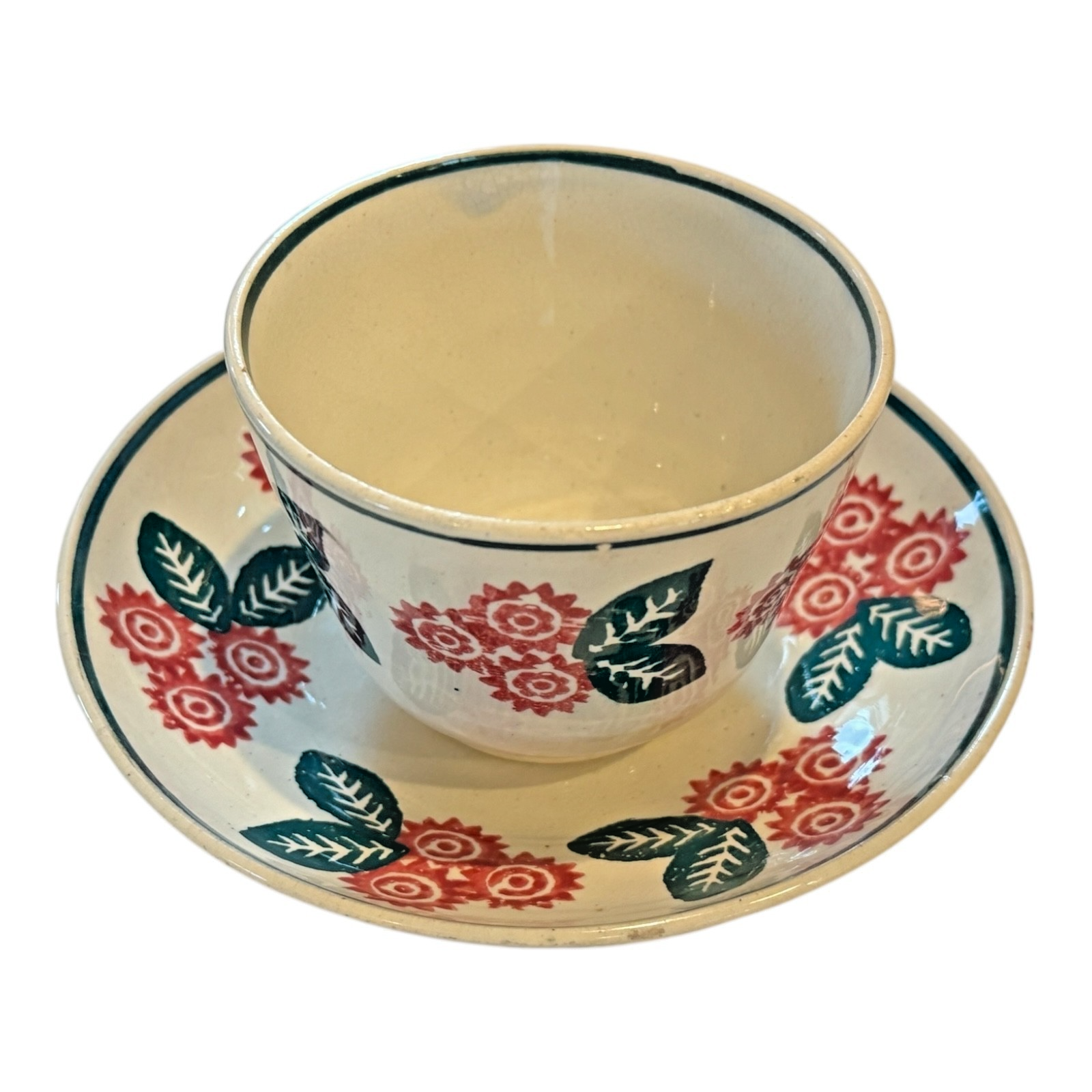 Antique Staffordshire Blue and Red Floral Stick Spatterware Teacup & Saucer
