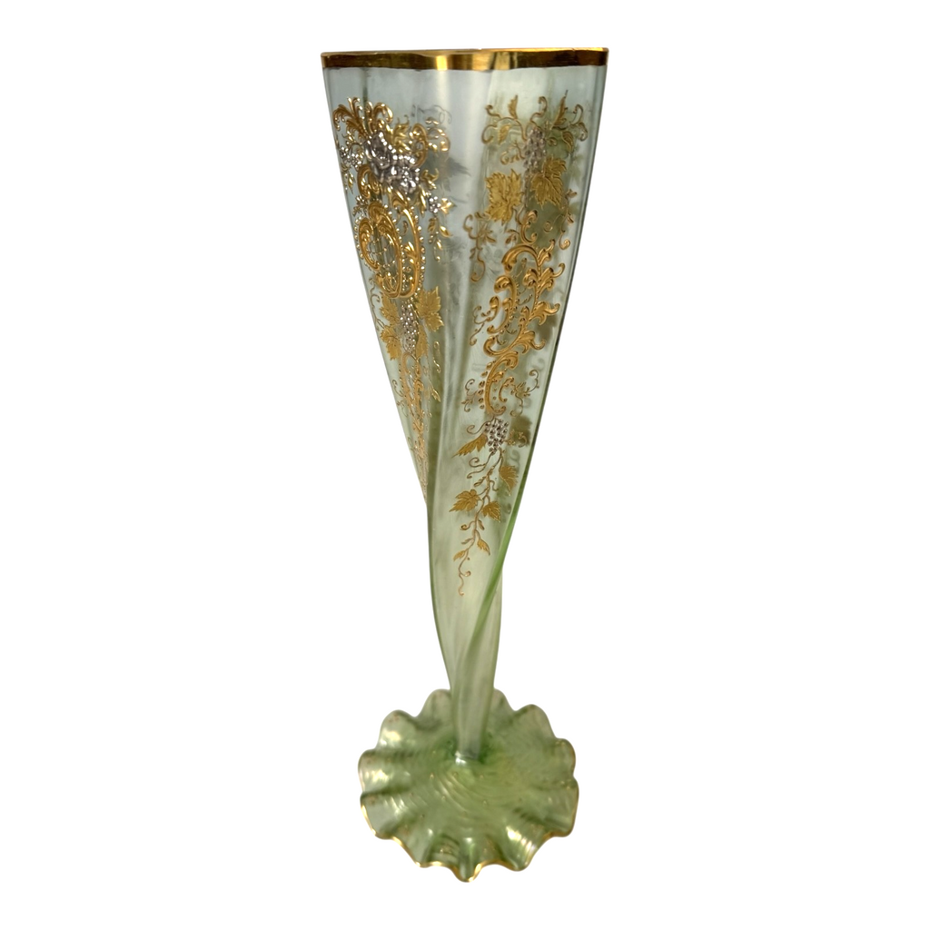 Antique Bohemian Czech Twisted Opalescent Glass Vase - Gilt Enamel Grapes