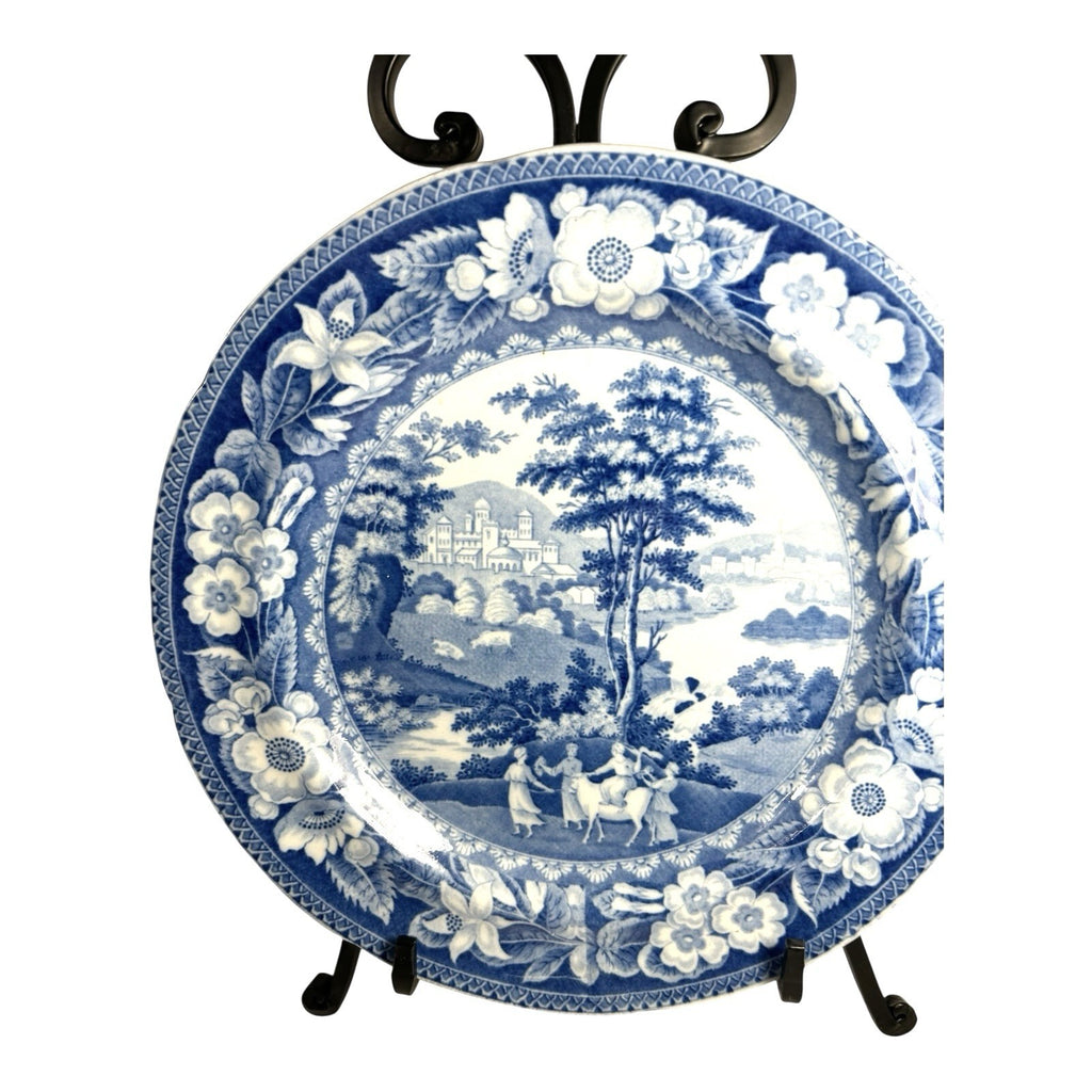 Antique Staffordshire Blue Transferware Riley Plate - Village Ladies