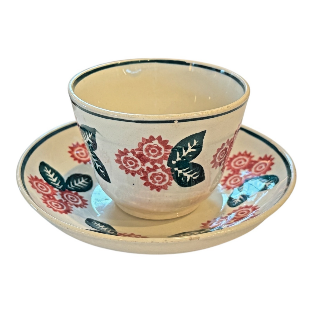 Antique Staffordshire Blue and Red Floral Stick Spatterware Teacup & Saucer