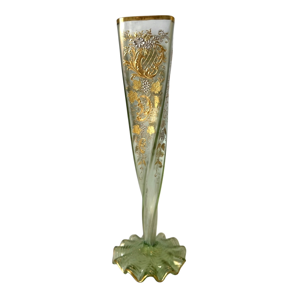 Antique Bohemian Czech Twisted Opalescent Glass Vase - Gilt Enamel Grapes