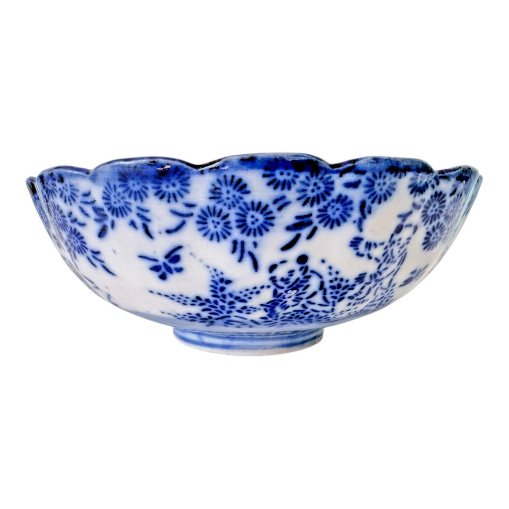 Antique Chinese Blue White Transferware Porcelain Bowl - Scalloped Rim