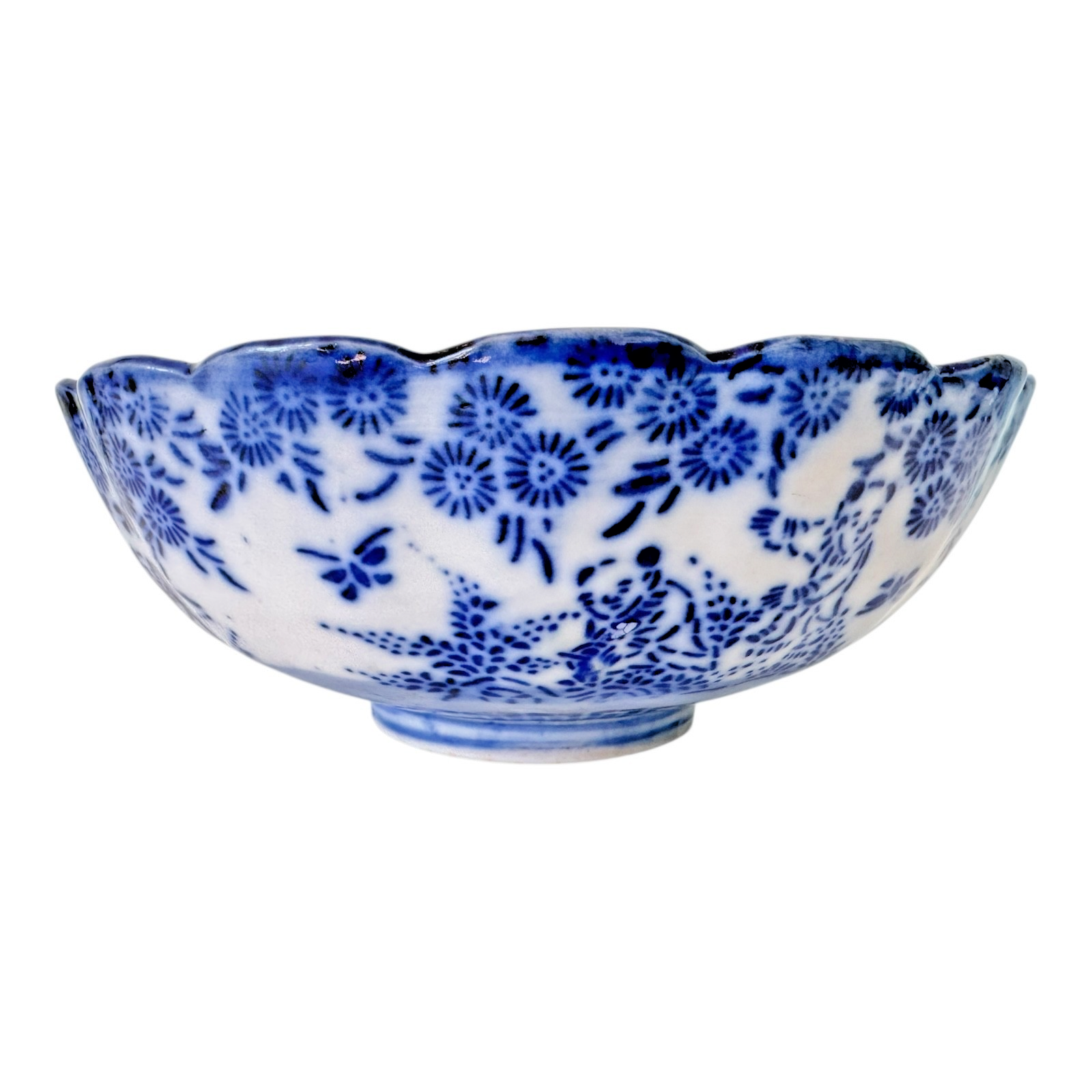 Antique Chinese Blue White Transferware Porcelain Bowl - Scalloped Rim