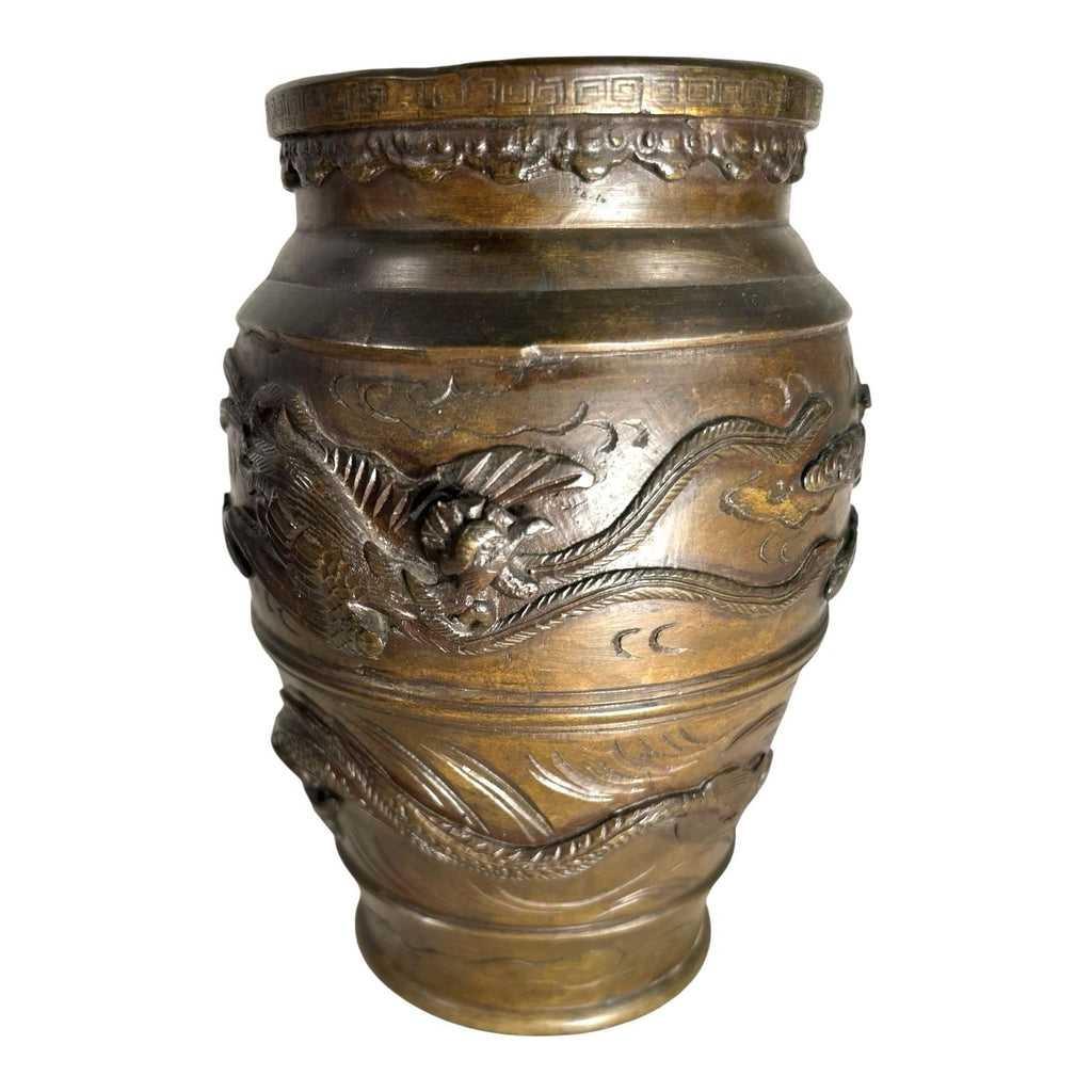 Antique Bronze Meiji Period Banded Vase with High Relief Dragon Theme