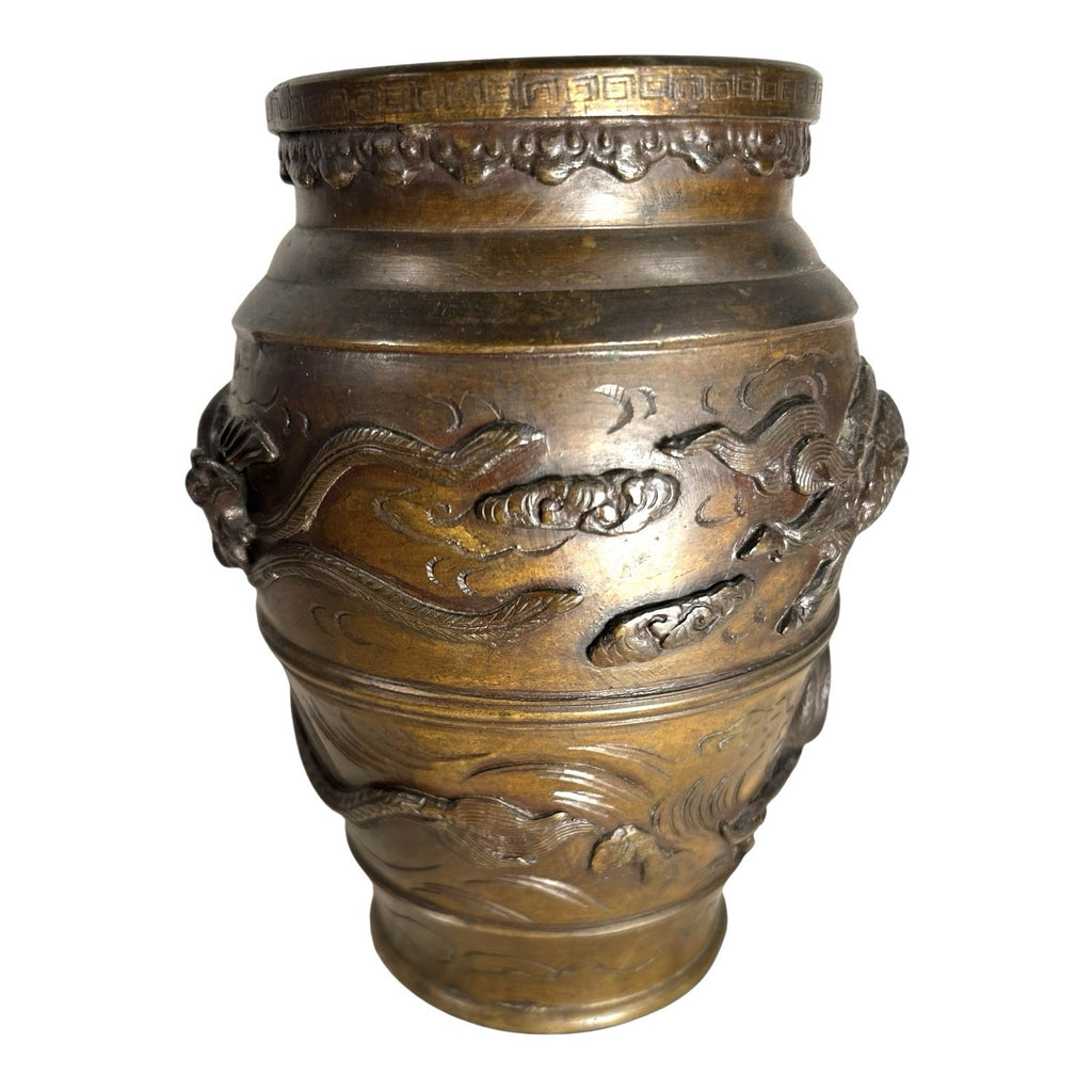 Antique Bronze Meiji Period Banded Vase with High Relief Dragon Theme