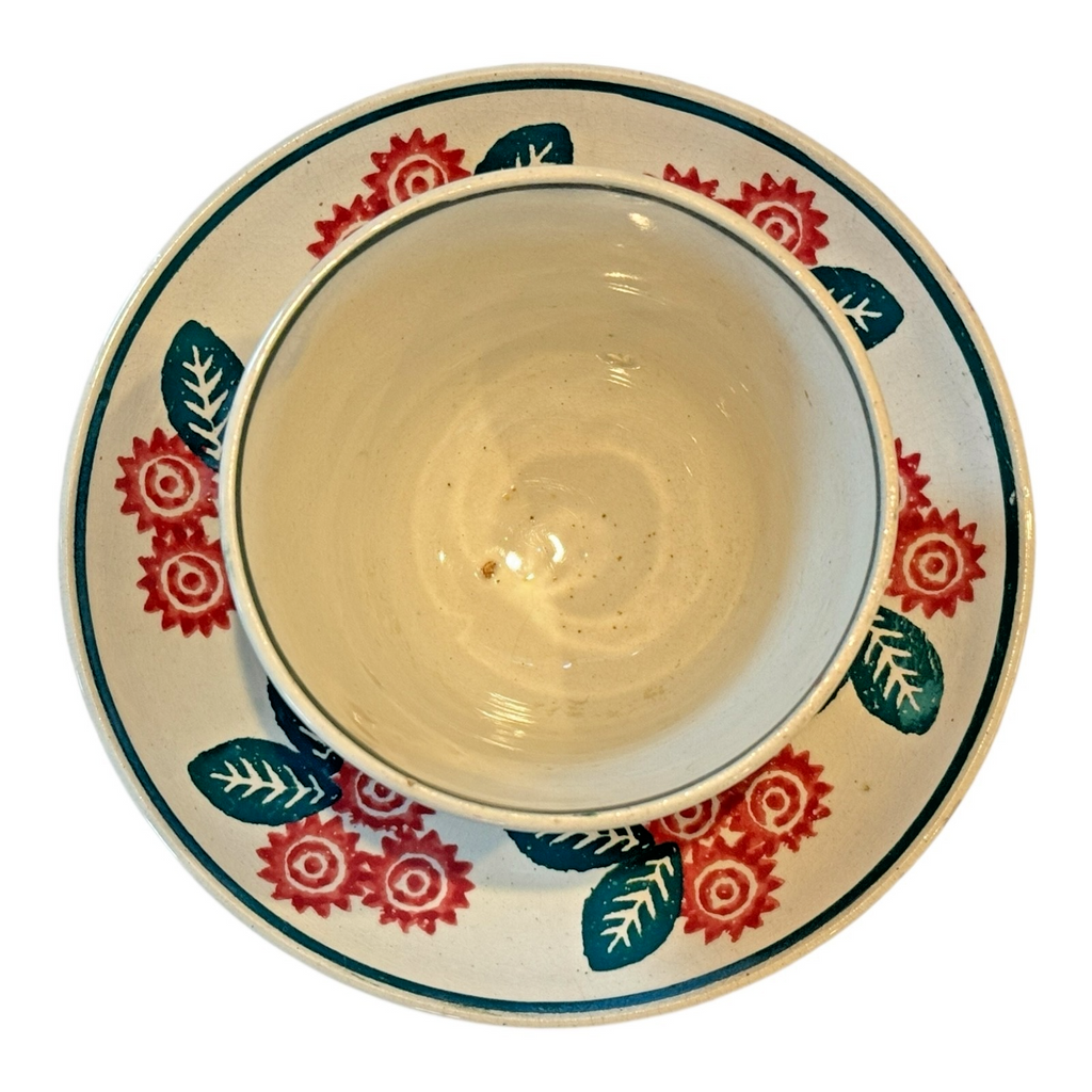 Antique Staffordshire Blue and Red Floral Stick Spatterware Teacup & Saucer