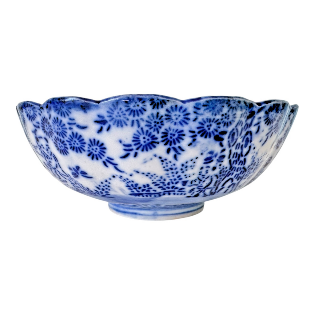 Antique Chinese Blue White Transferware Porcelain Bowl - Scalloped Rim