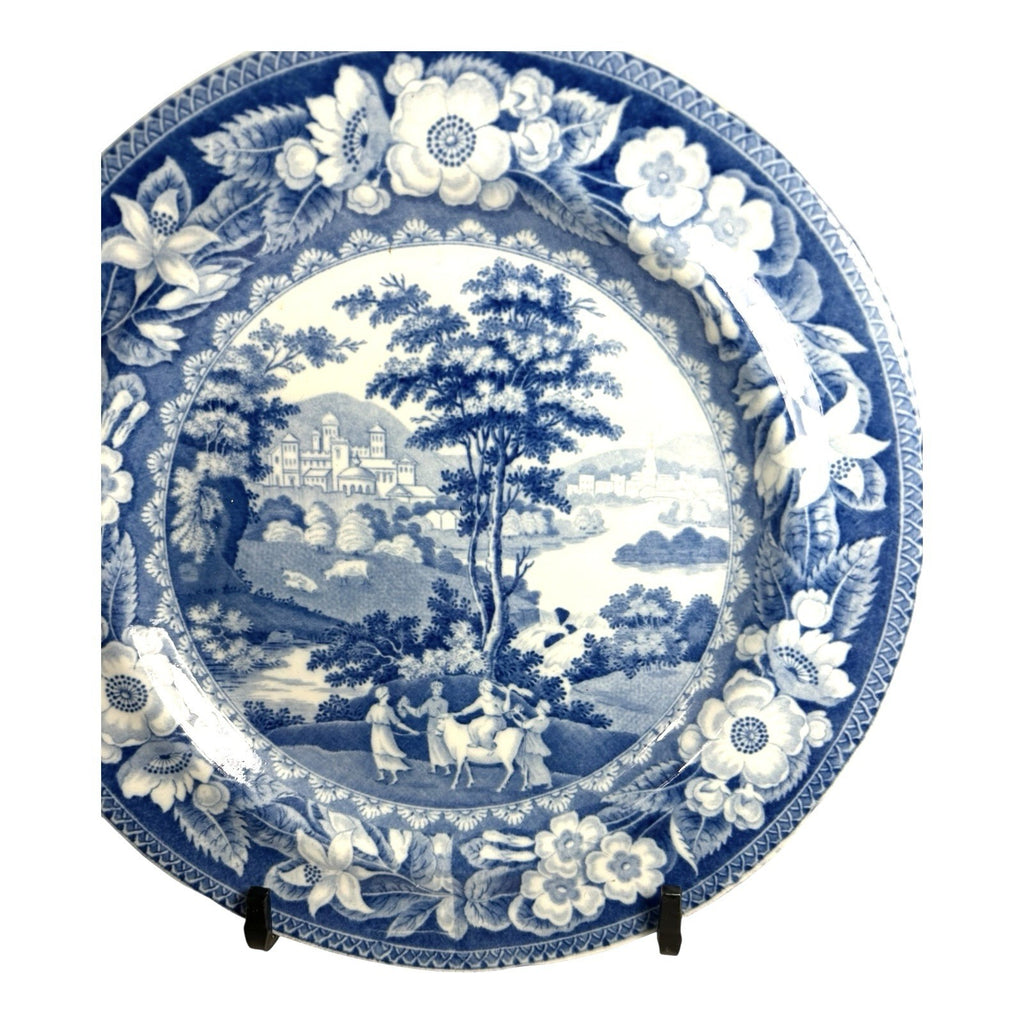 Antique Staffordshire Blue Transferware Riley Plate - Village Ladies
