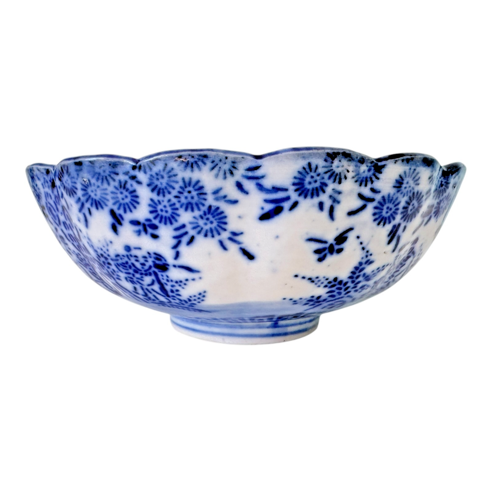 Antique Chinese Blue White Transferware Porcelain Bowl - Scalloped Rim