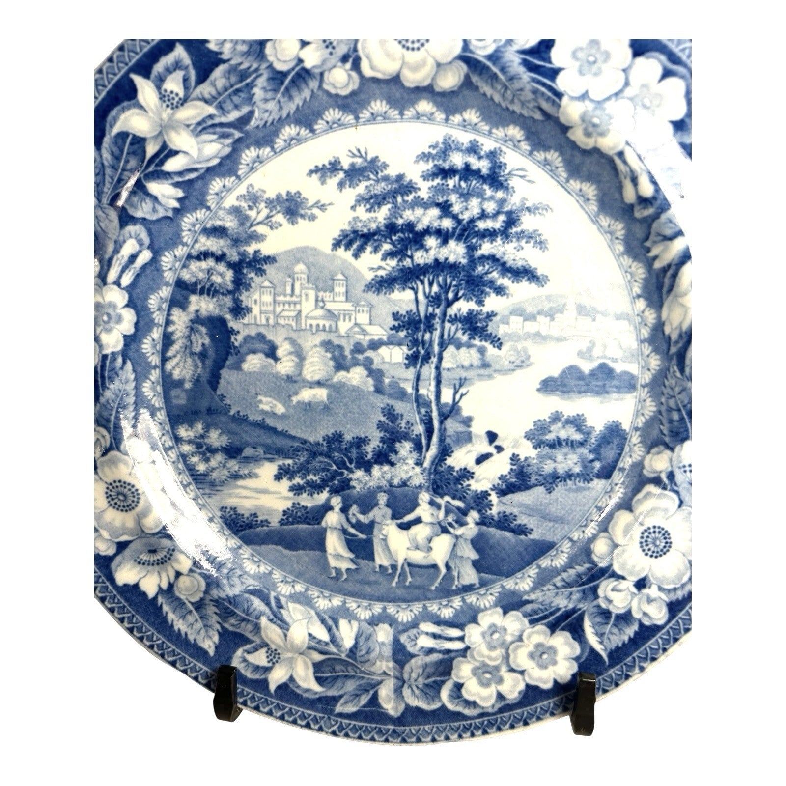 Antique Staffordshire Blue Transferware Riley Plate - Village Ladies