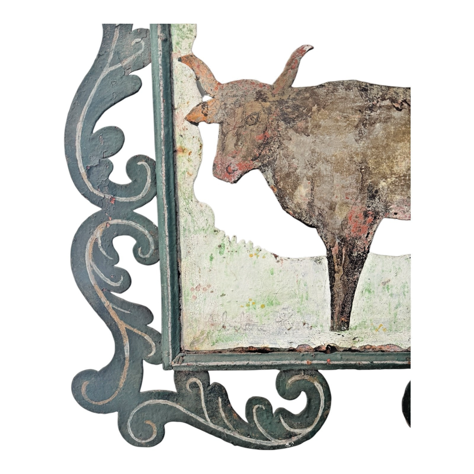 Antique Early 1900s American Folk Art Hand-Cut Metal Ranch Trade Sign, Steer/Cow