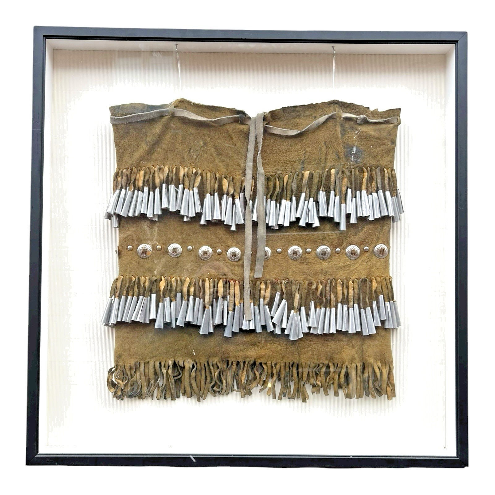 Vintage Native American Apache Deer Hide Dance Kilt with Cones Conchas - Framed