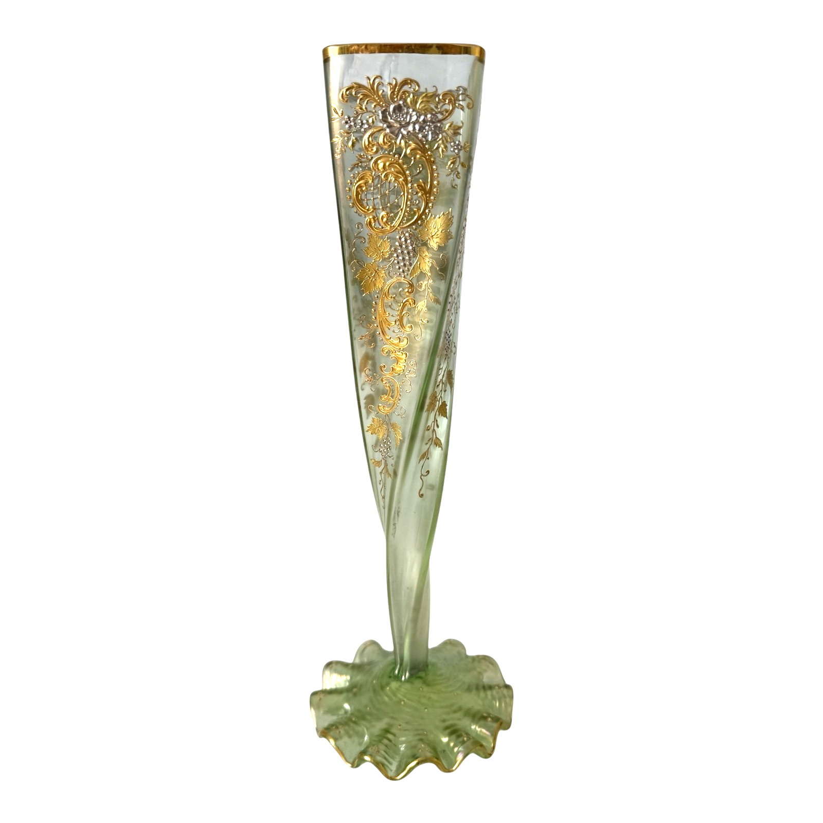 Antique Bohemian Czech Twisted Opalescent Glass Vase - Gilt Enamel Grapes