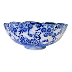 Antique Chinese Blue White Transferware Porcelain Bowl - Scalloped Rim
