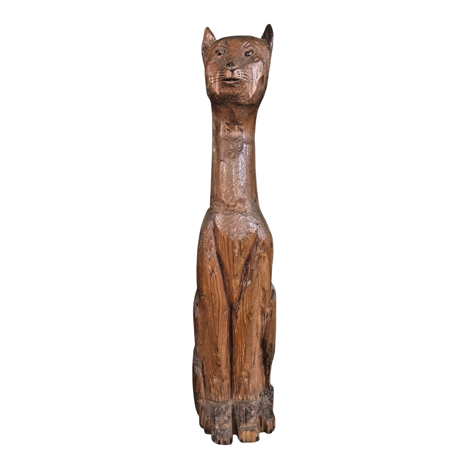 Vintage Tall Mid-Century Handcarved Folk Art Primitive Wooden Cat Statue