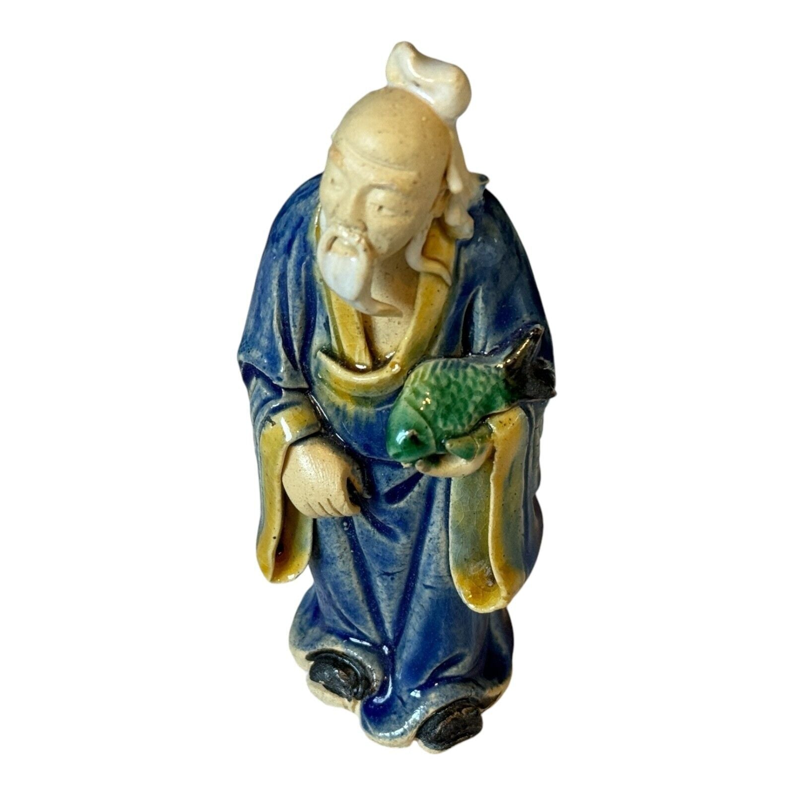 Antique Chinese Export Blue-Glazed Ceramic Pottery Mudman Figurine