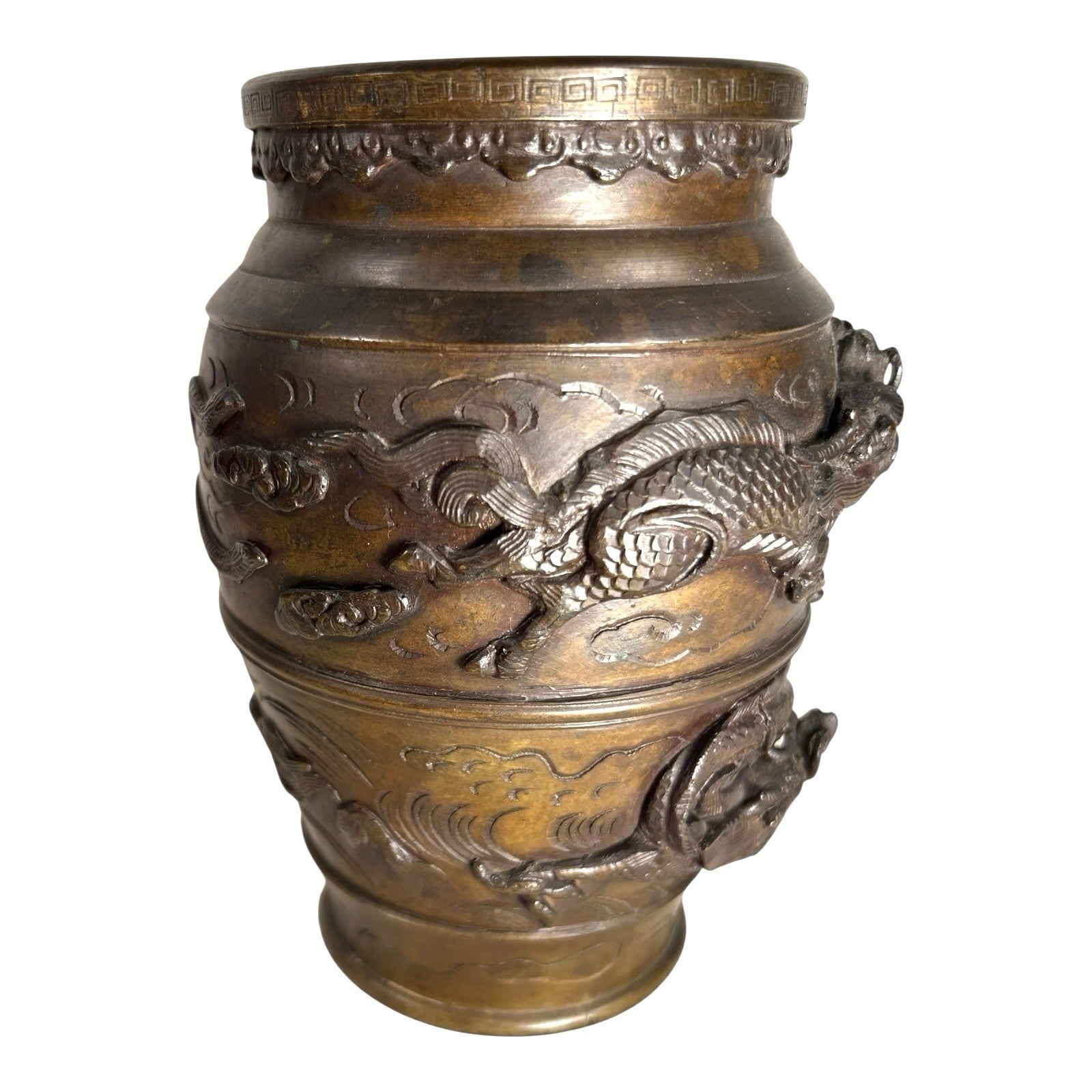 Antique Bronze Meiji Period Banded Vase with High Relief Dragon Theme