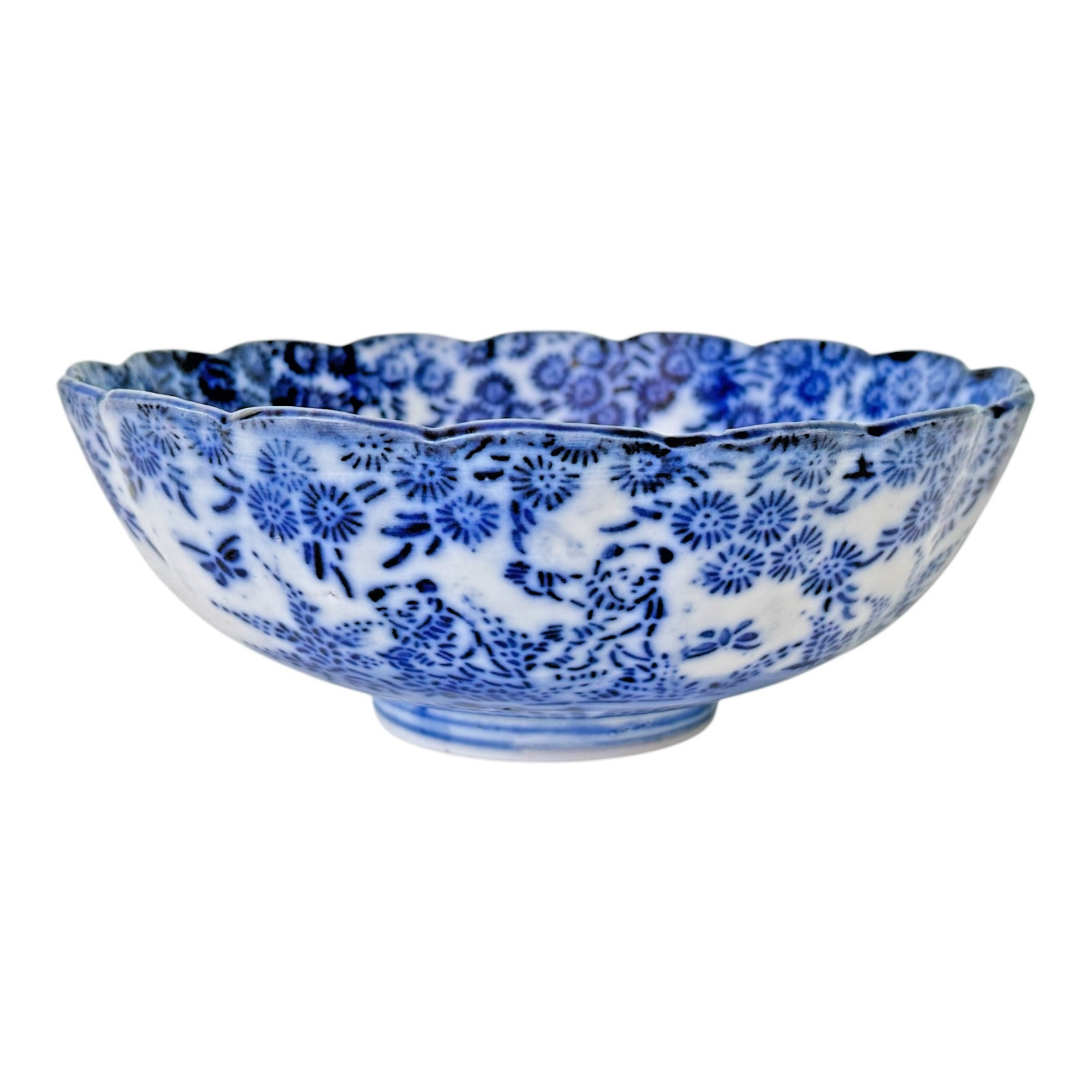 Antique Chinese Blue White Transferware Porcelain Bowl - Scalloped Rim