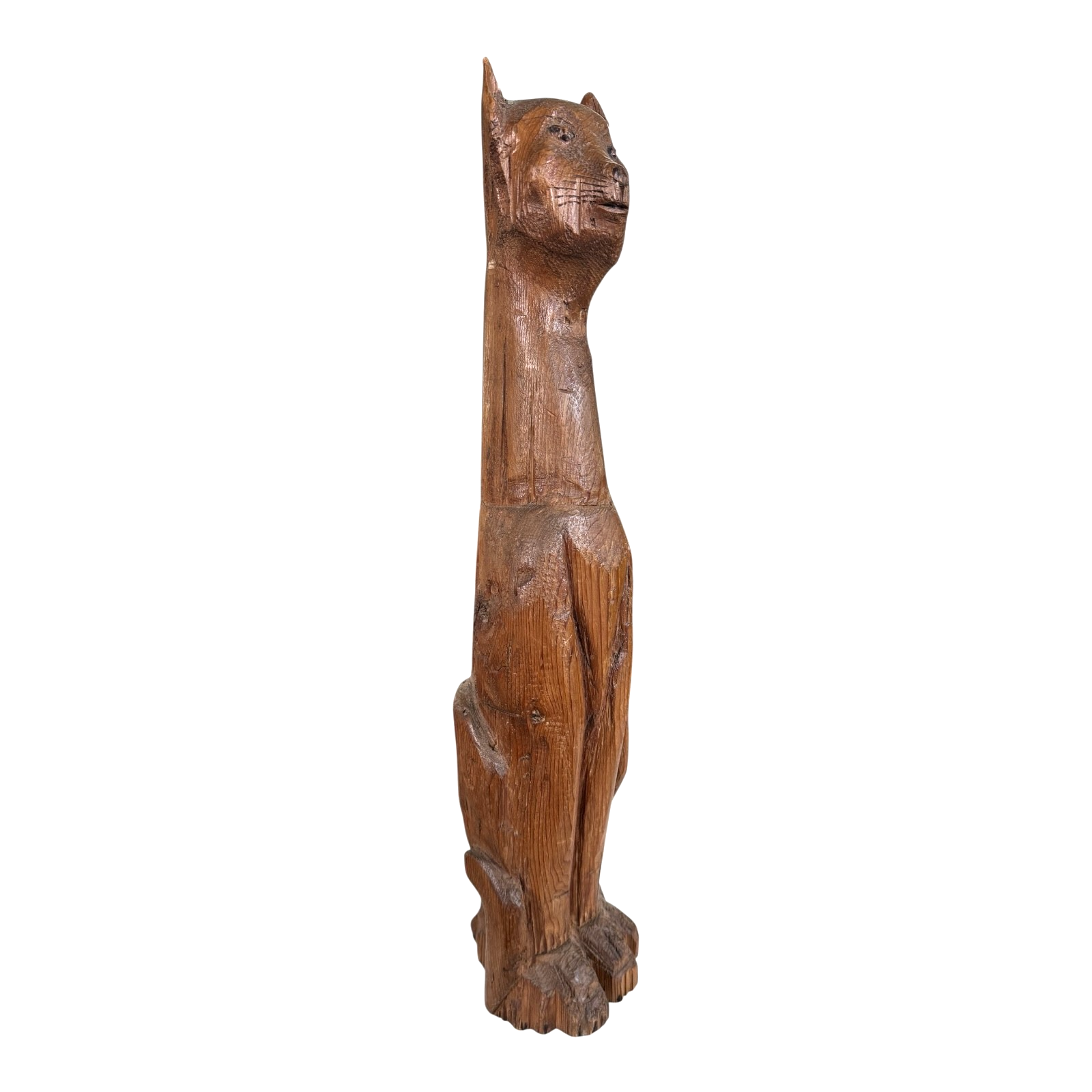 Vintage Tall Mid-Century Handcarved Folk Art Primitive Wooden Cat Statue