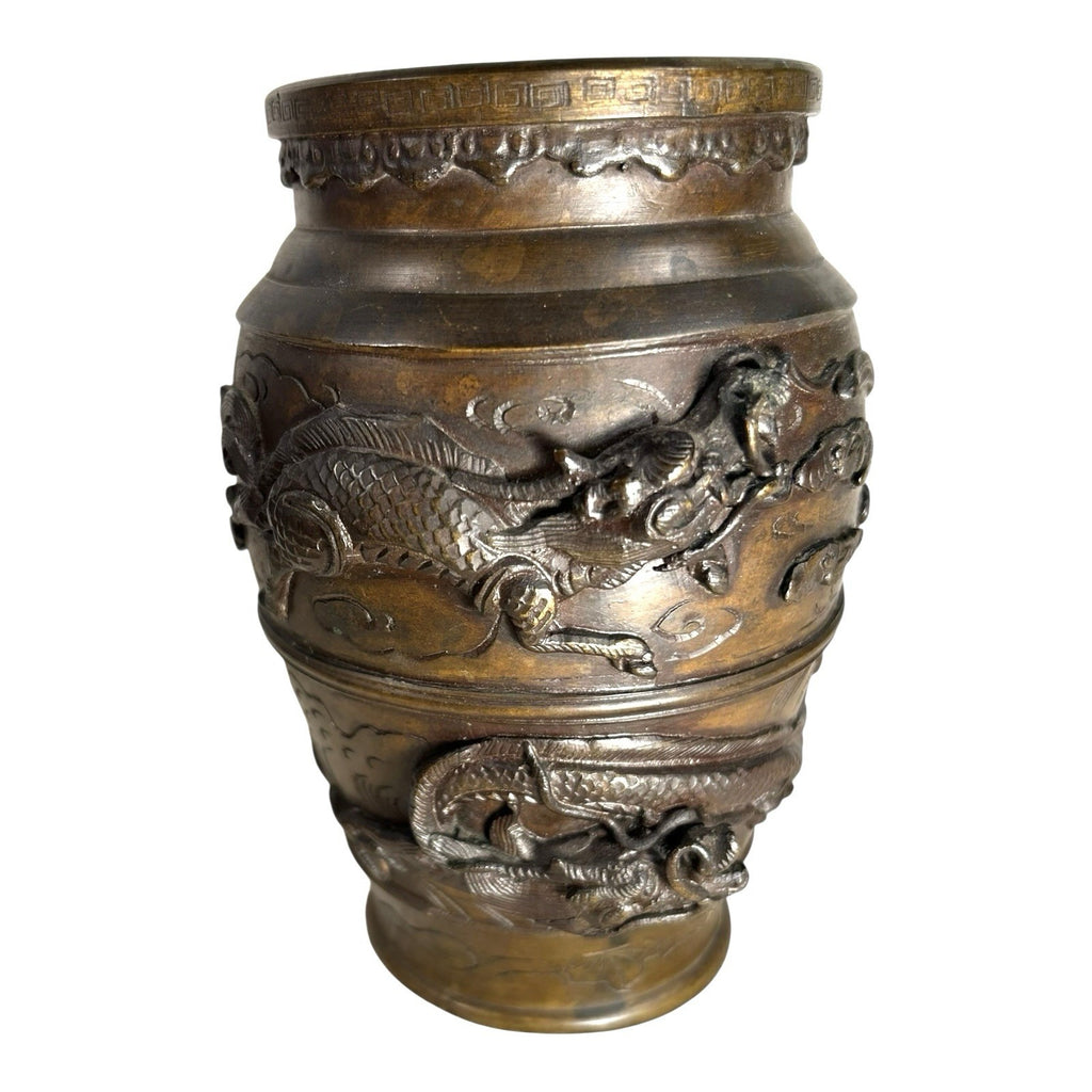 Antique Bronze Meiji Period Banded Vase with High Relief Dragon Theme