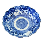 Antique Chinese Blue White Transferware Porcelain Bowl - Scalloped Rim