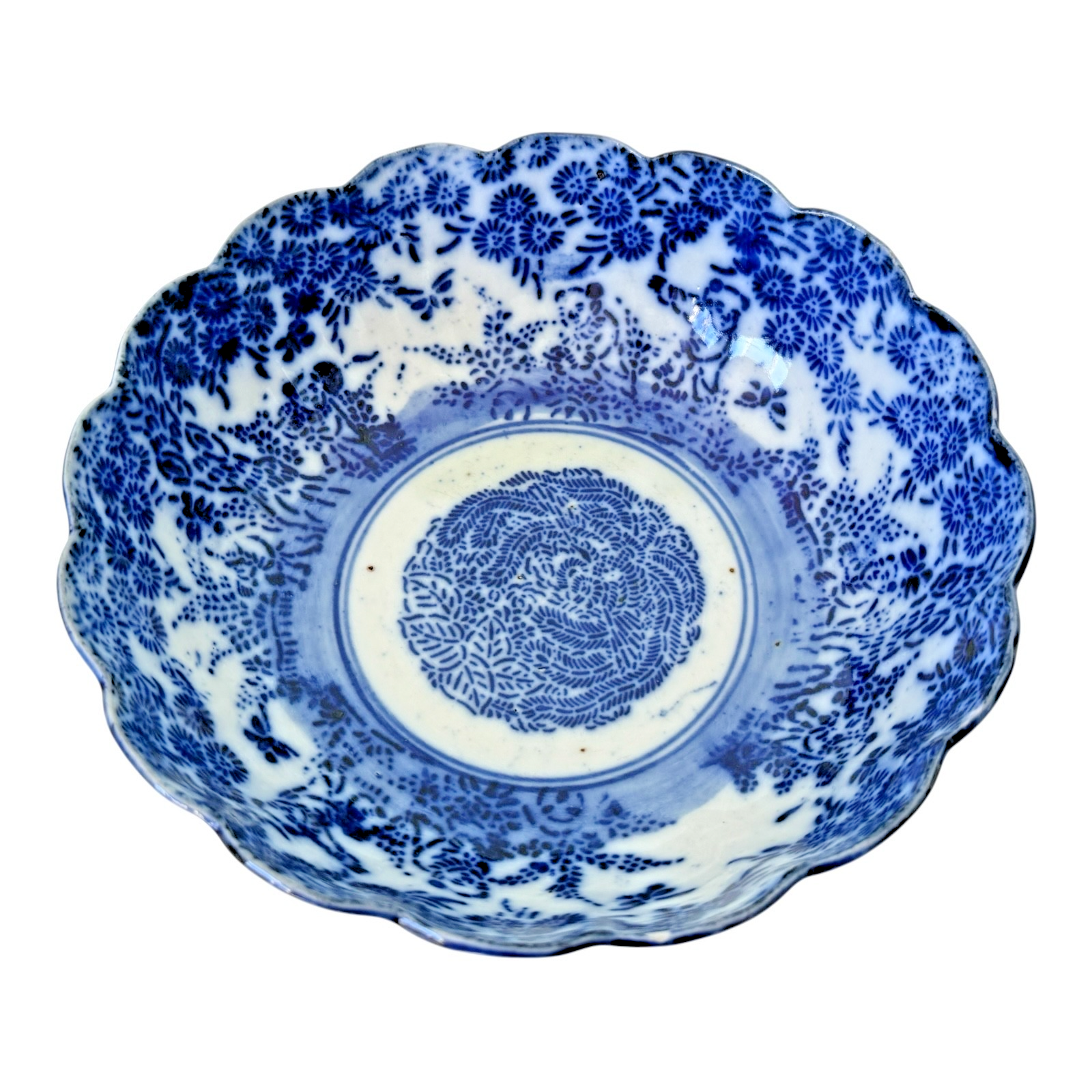 Antique Chinese Blue White Transferware Porcelain Bowl - Scalloped Rim