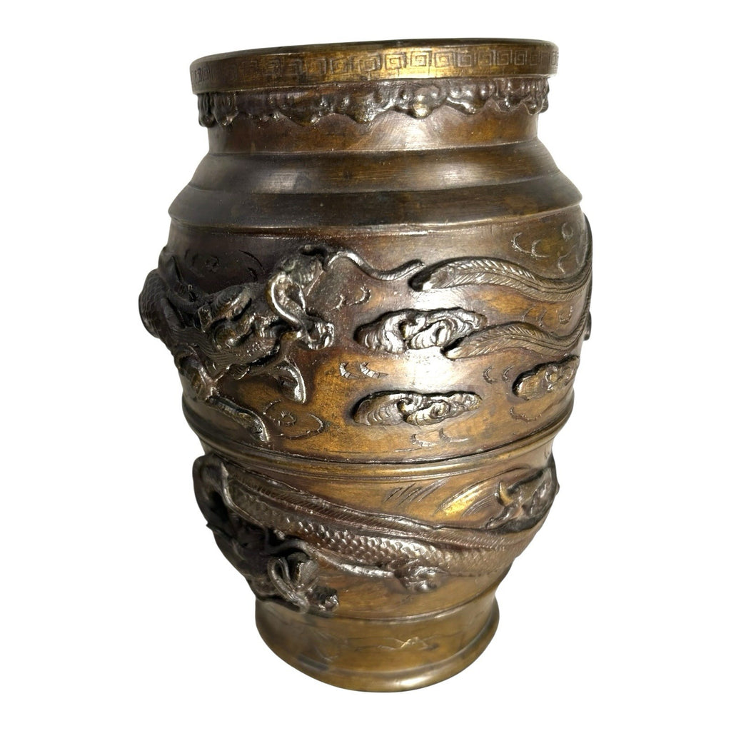 Antique Bronze Meiji Period Banded Vase with High Relief Dragon Theme