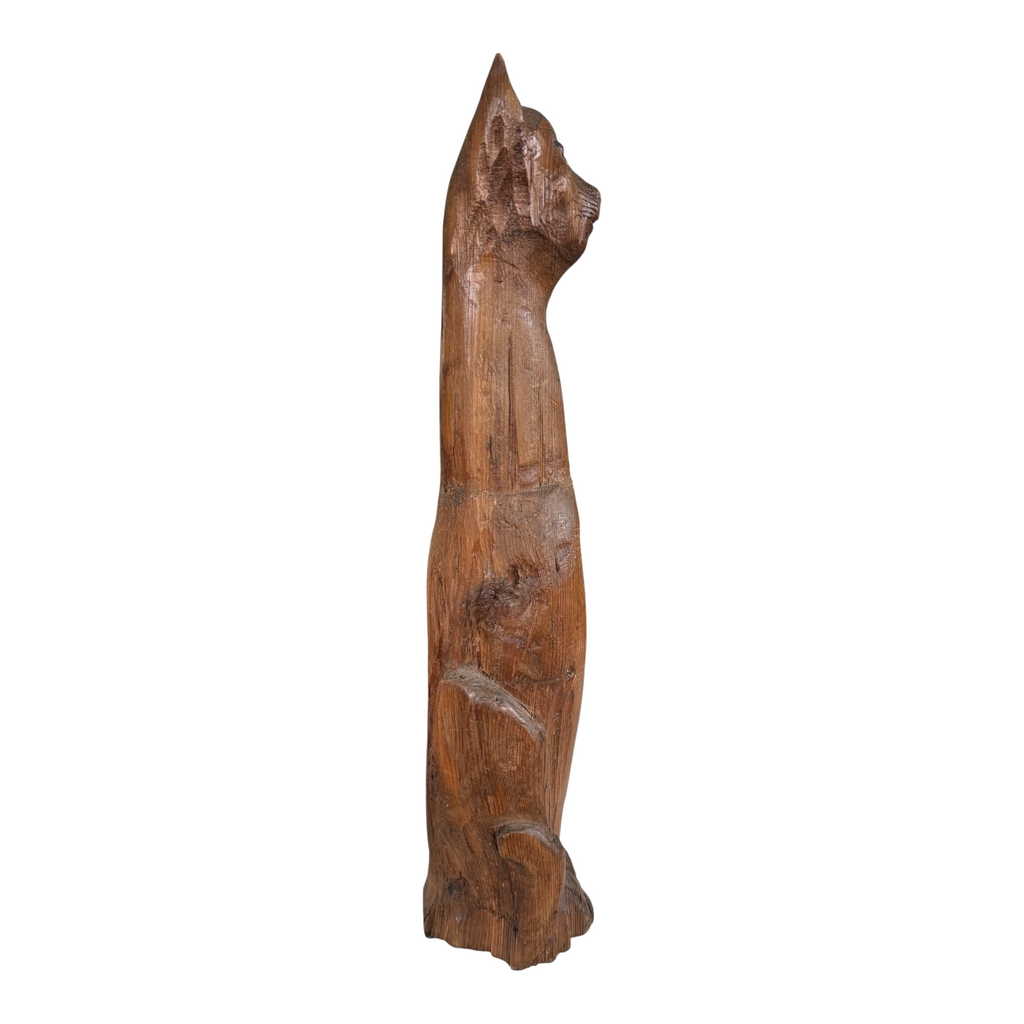 Vintage Tall Mid-Century Handcarved Folk Art Primitive Wooden Cat Statue