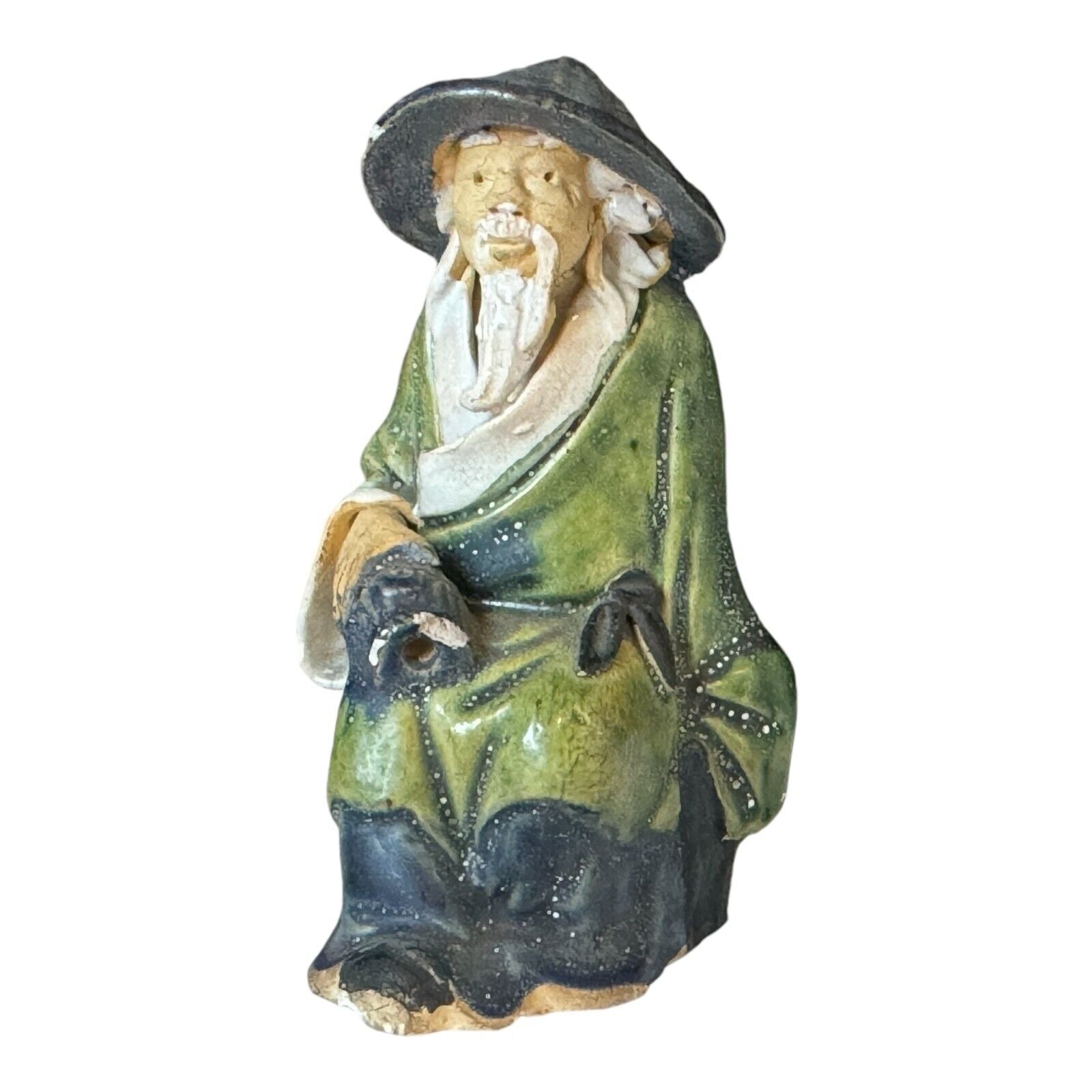 Antique Chinese Export Green Matte Glazed Ceramic Mudman Figurine