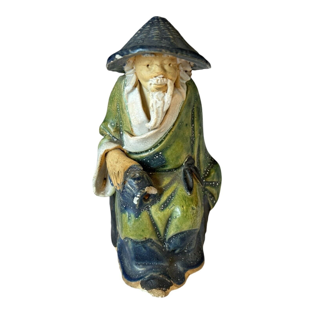 Antique Chinese Export Green Matte Glazed Ceramic Mudman Figurine