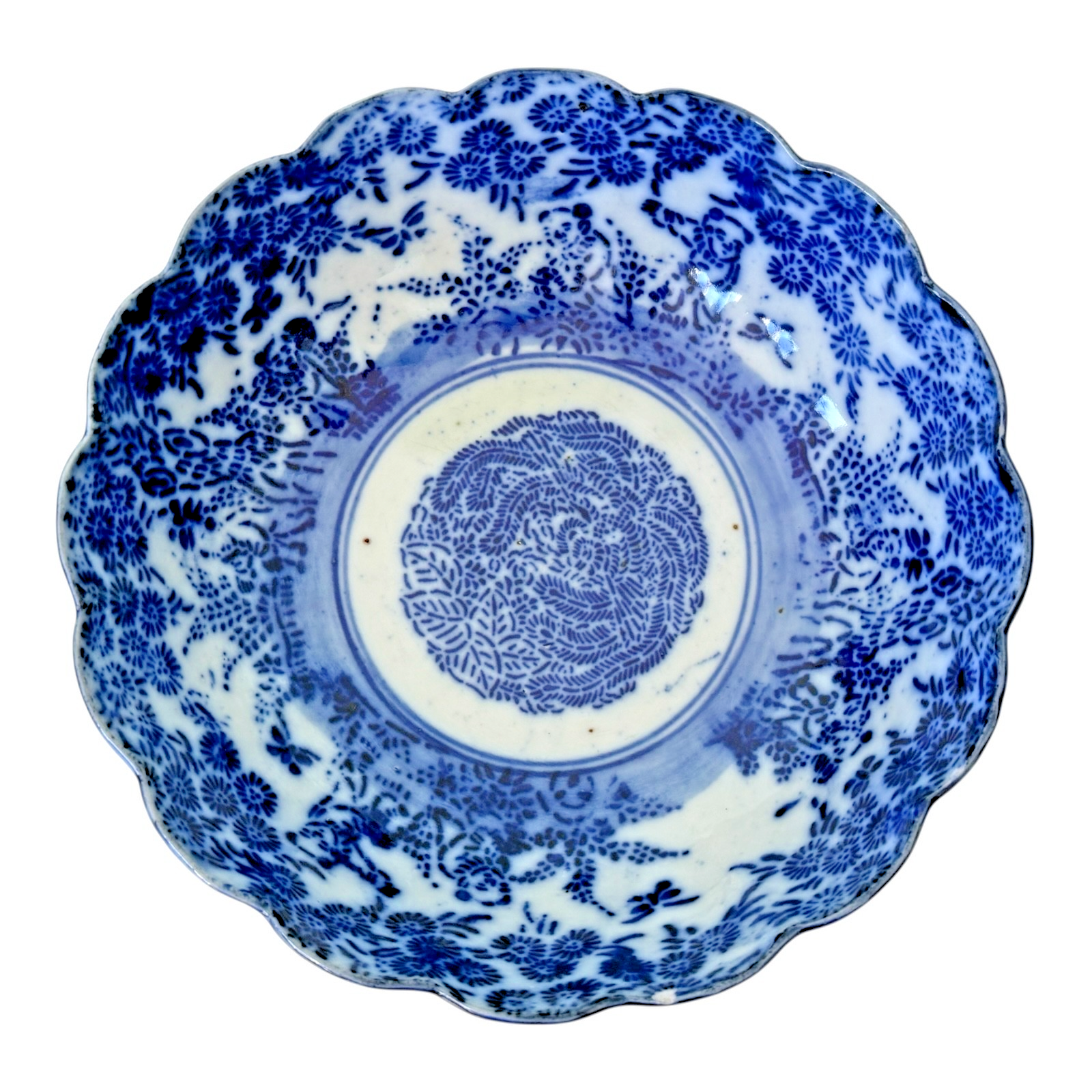 Antique Chinese Blue White Transferware Porcelain Bowl - Scalloped Rim