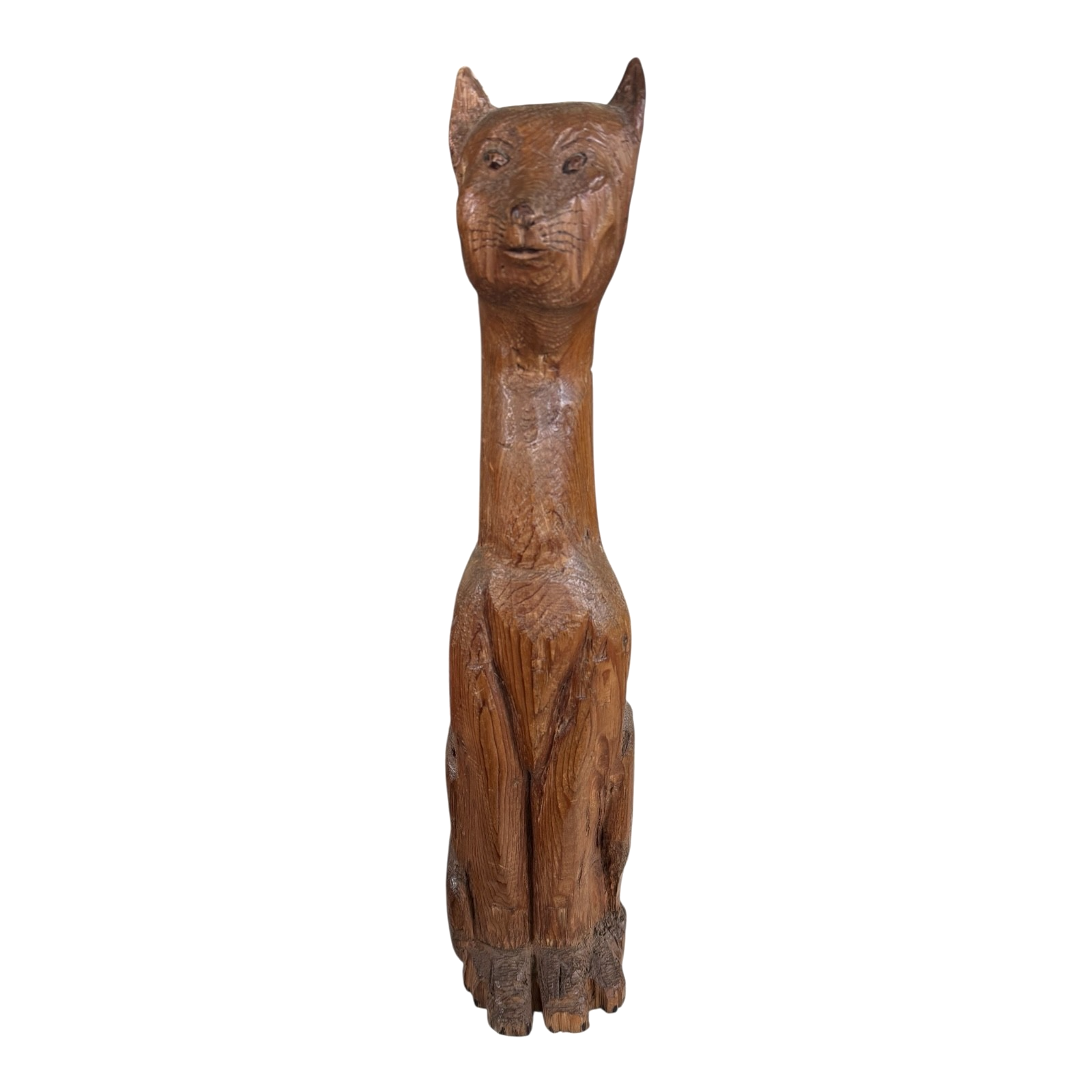 Vintage Tall Mid-Century Handcarved Folk Art Primitive Wooden Cat Statue
