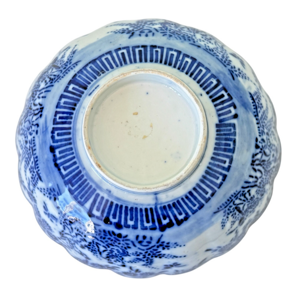 Antique Chinese Blue White Transferware Porcelain Bowl - Scalloped Rim