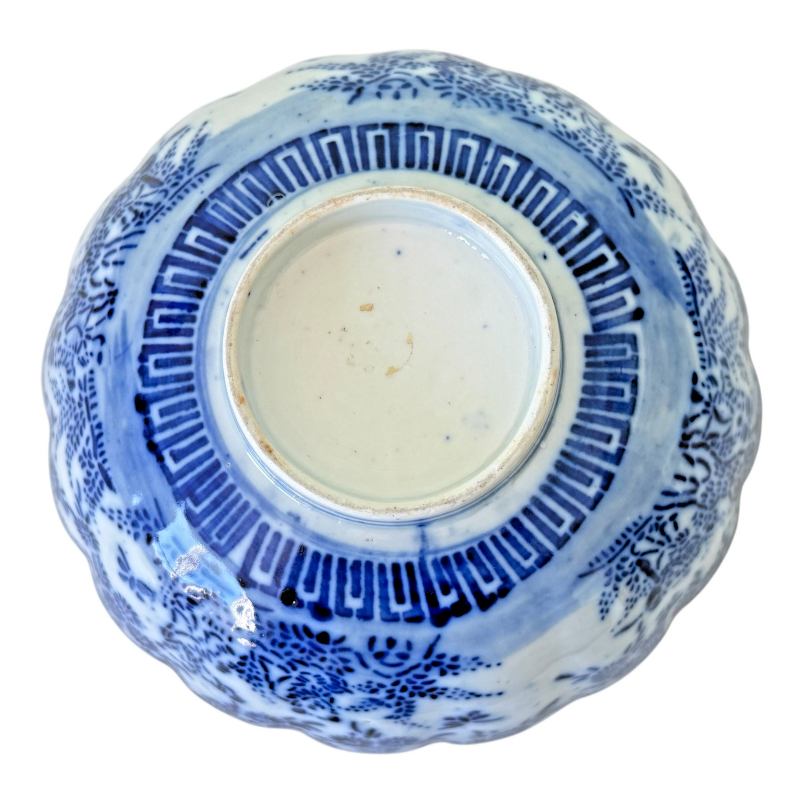 Antique Chinese Blue White Transferware Porcelain Bowl - Scalloped Rim
