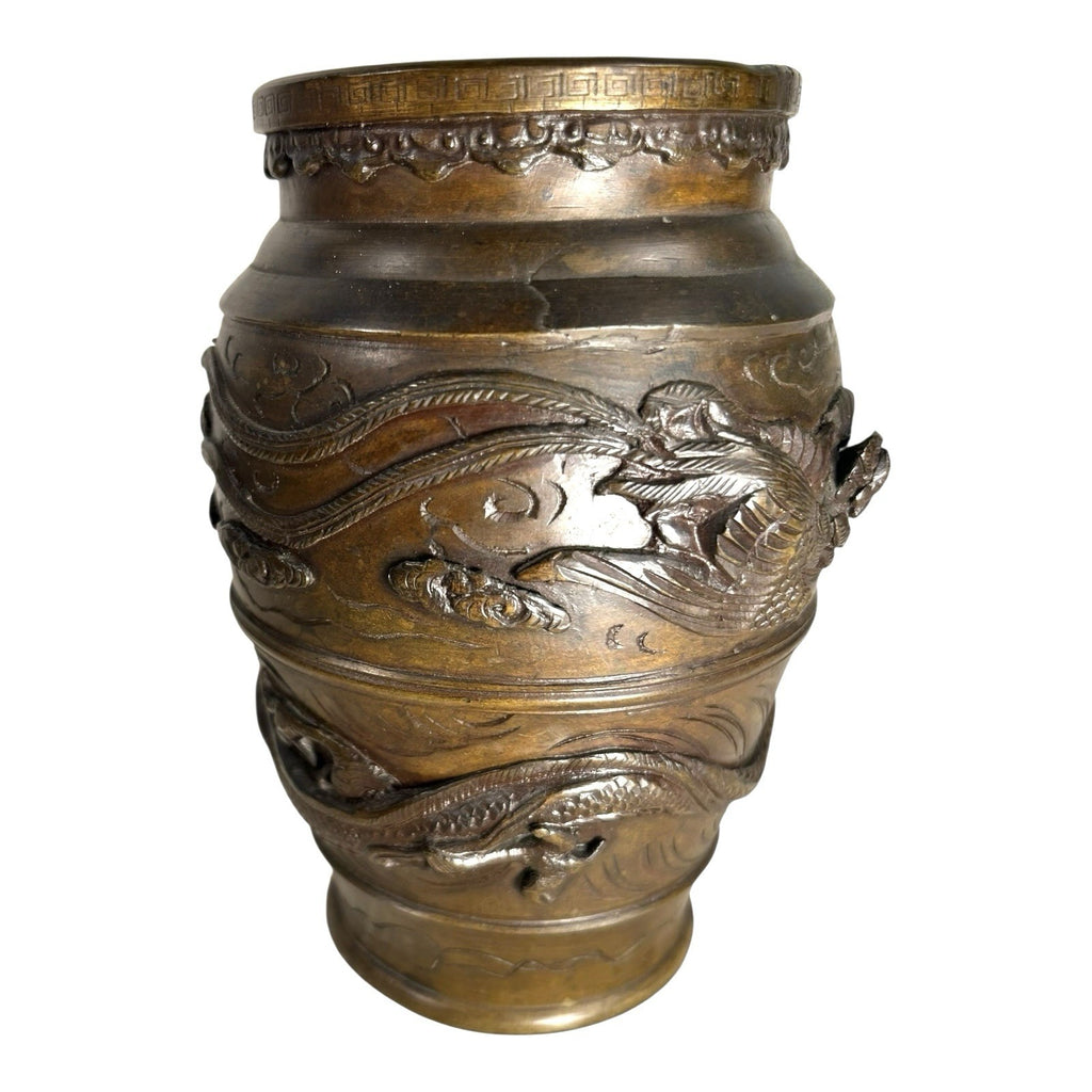 Antique Bronze Meiji Period Banded Vase with High Relief Dragon Theme