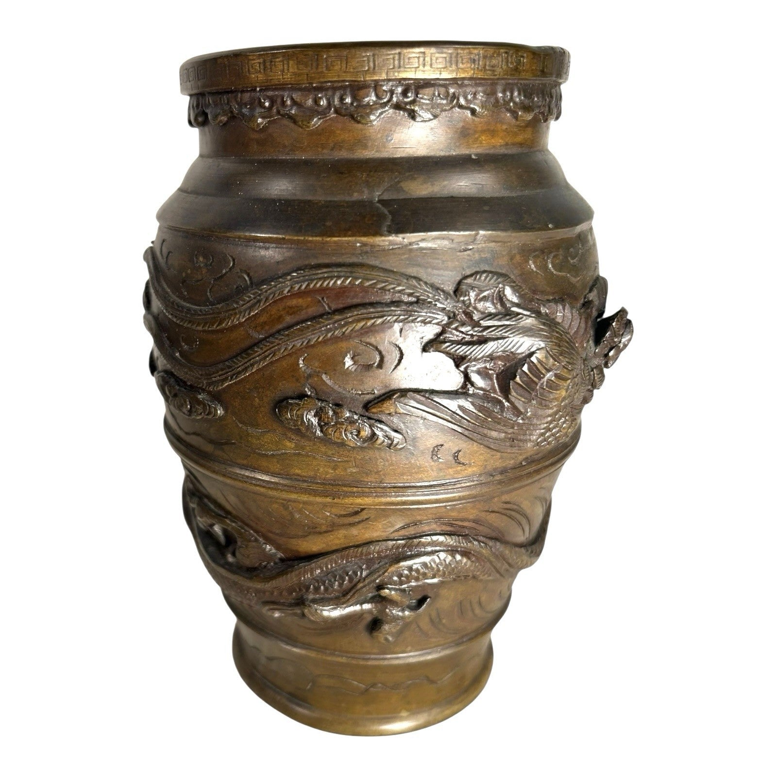 Antique Bronze Meiji Period Banded Vase with High Relief Dragon Theme