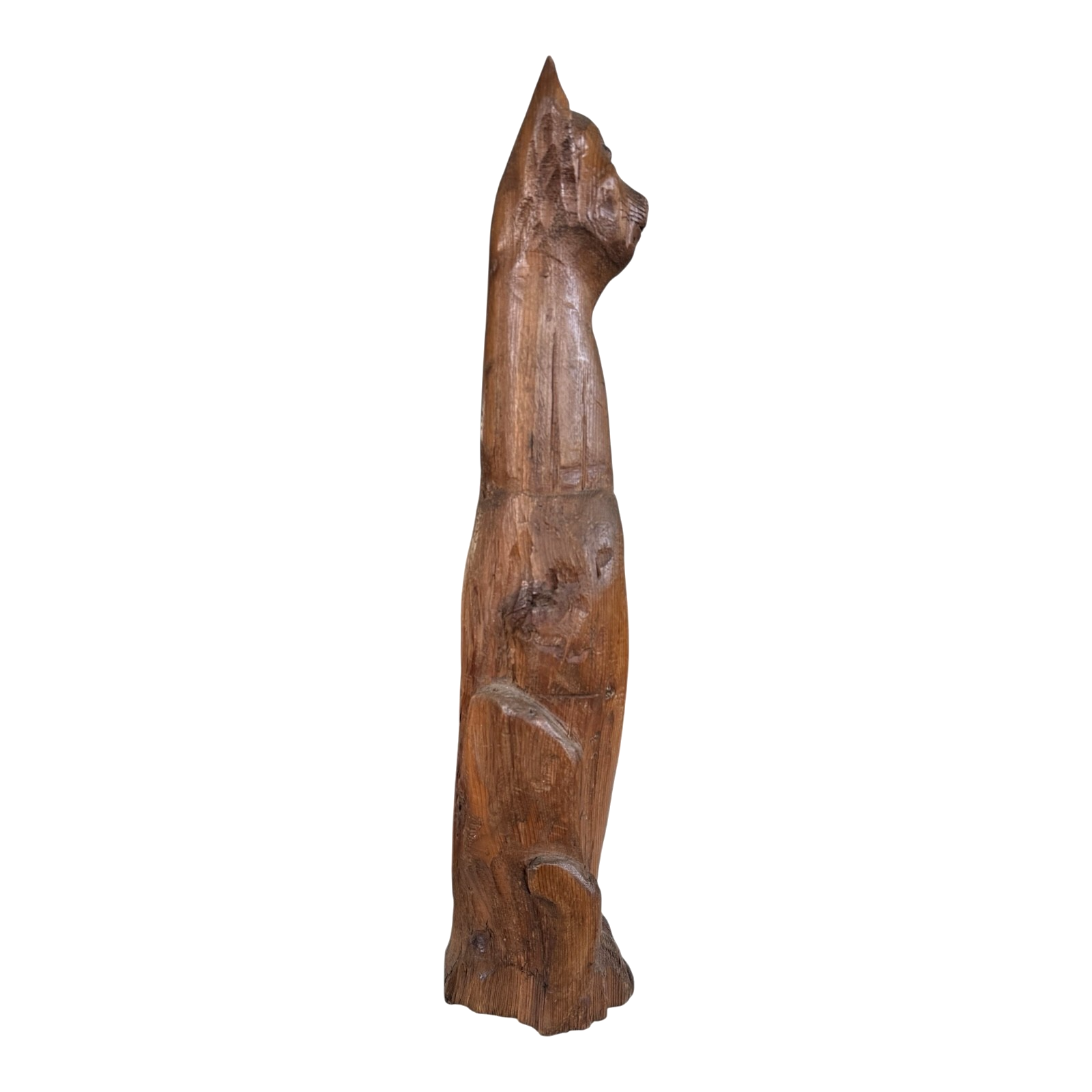 Vintage Tall Mid-Century Handcarved Folk Art Primitive Wooden Cat Statue