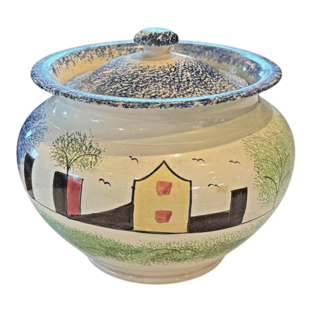 Antique Staffordshire Spongeware Lidded Sugar Bowl - Schoolhouse Motif