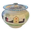 Antique Staffordshire Spongeware Lidded Sugar Bowl - Schoolhouse Motif